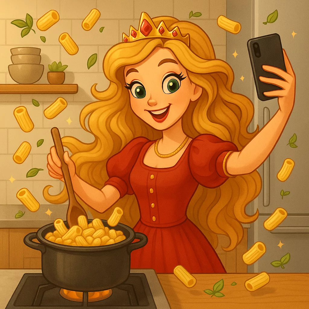 princess cooking pasta selfie